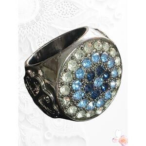 Signed VALESKA CN Blue Crystal Cluster Ring Gunmetal Openwork Size 7
